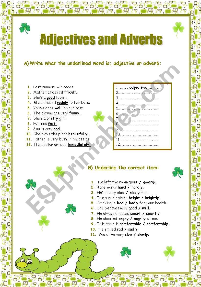 Adjective Adverb ESL Worksheet By Elam