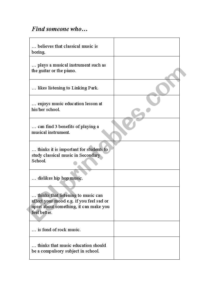 find someone who (music) worksheet