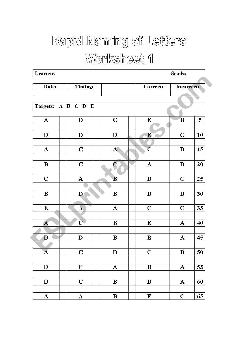 Rapid reading of letters worksheet