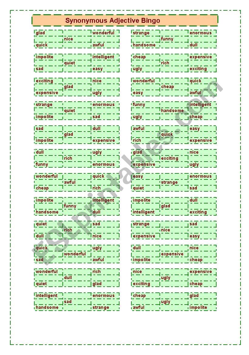 Synonymous Adjective Bingo worksheet