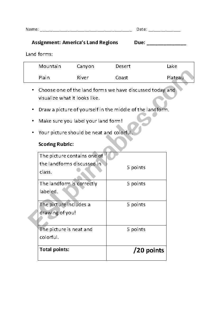 Land forms worksheet