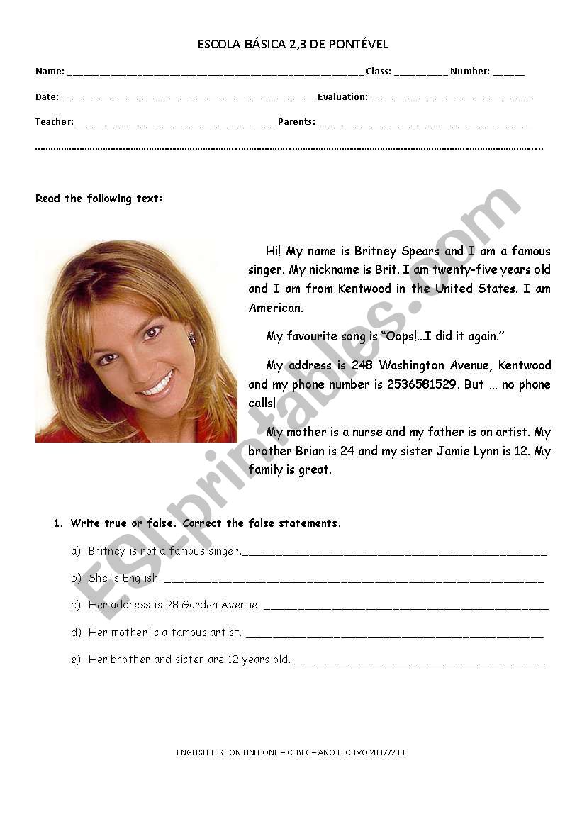 Evaluation test worksheet