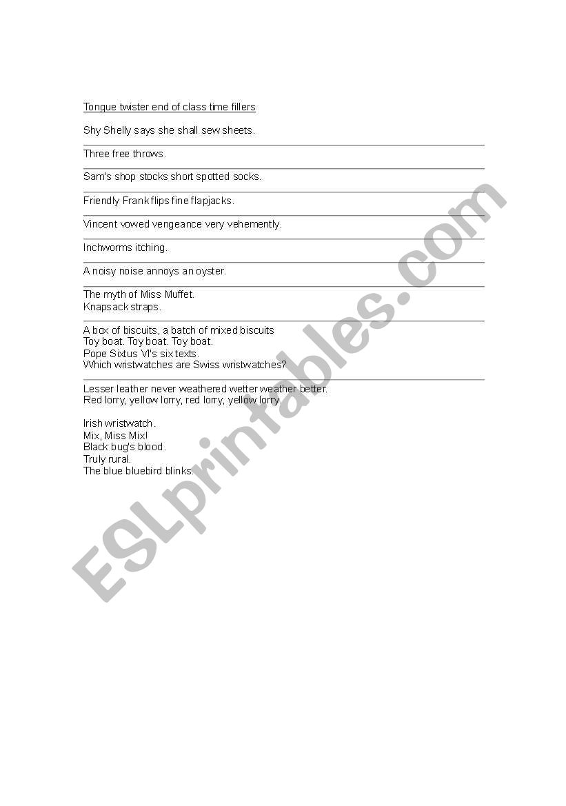End of class Tongue Twisters! worksheet