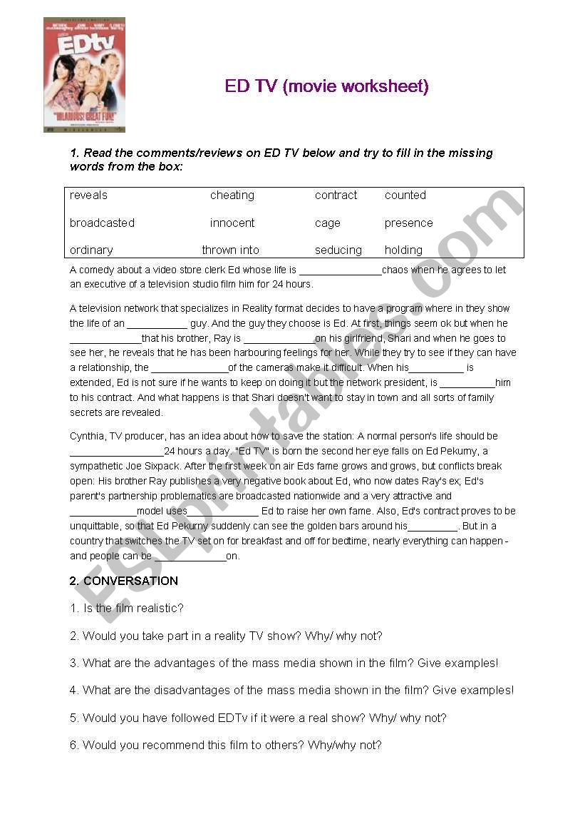 ED TV - reality TV movie worksheet