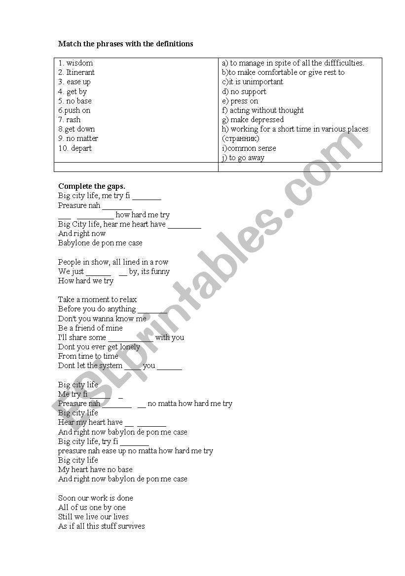 Big City Life worksheet
