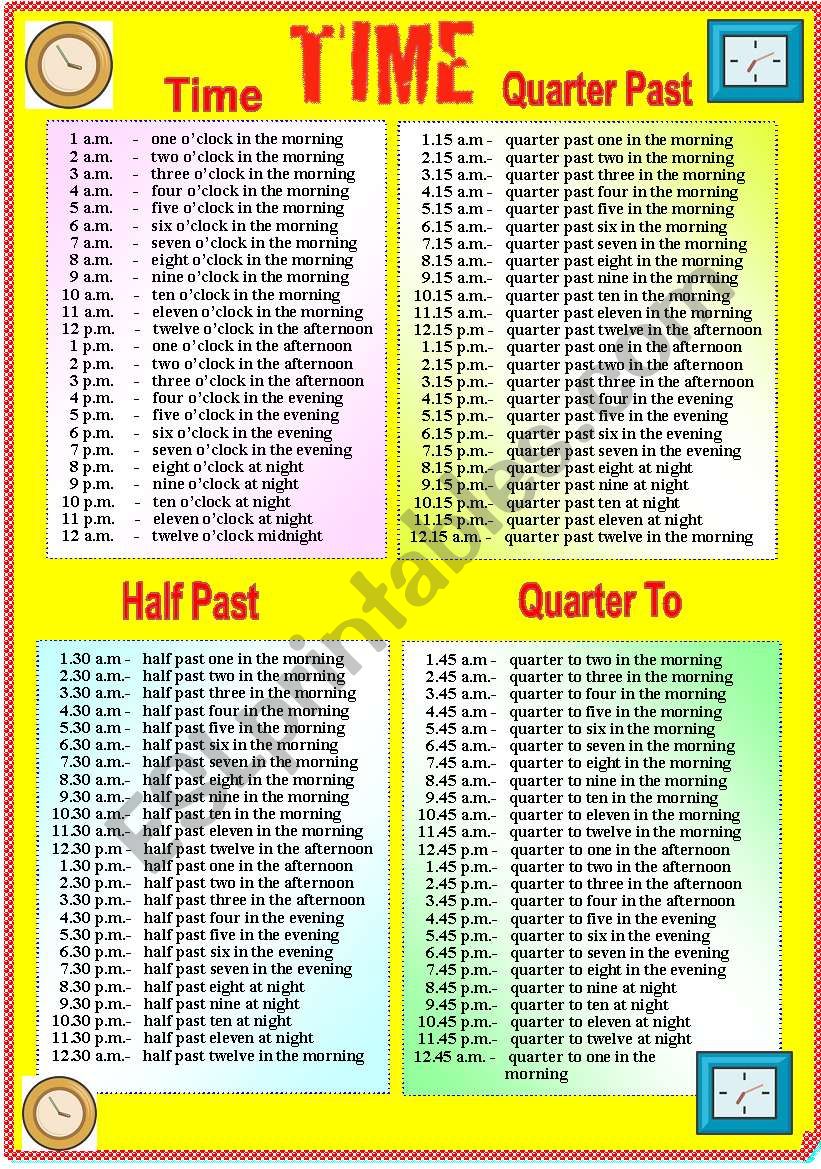 TIME - POSTER AND TASKS ON PAGE 2 (B/W VERSION AND ANSWER KEY)