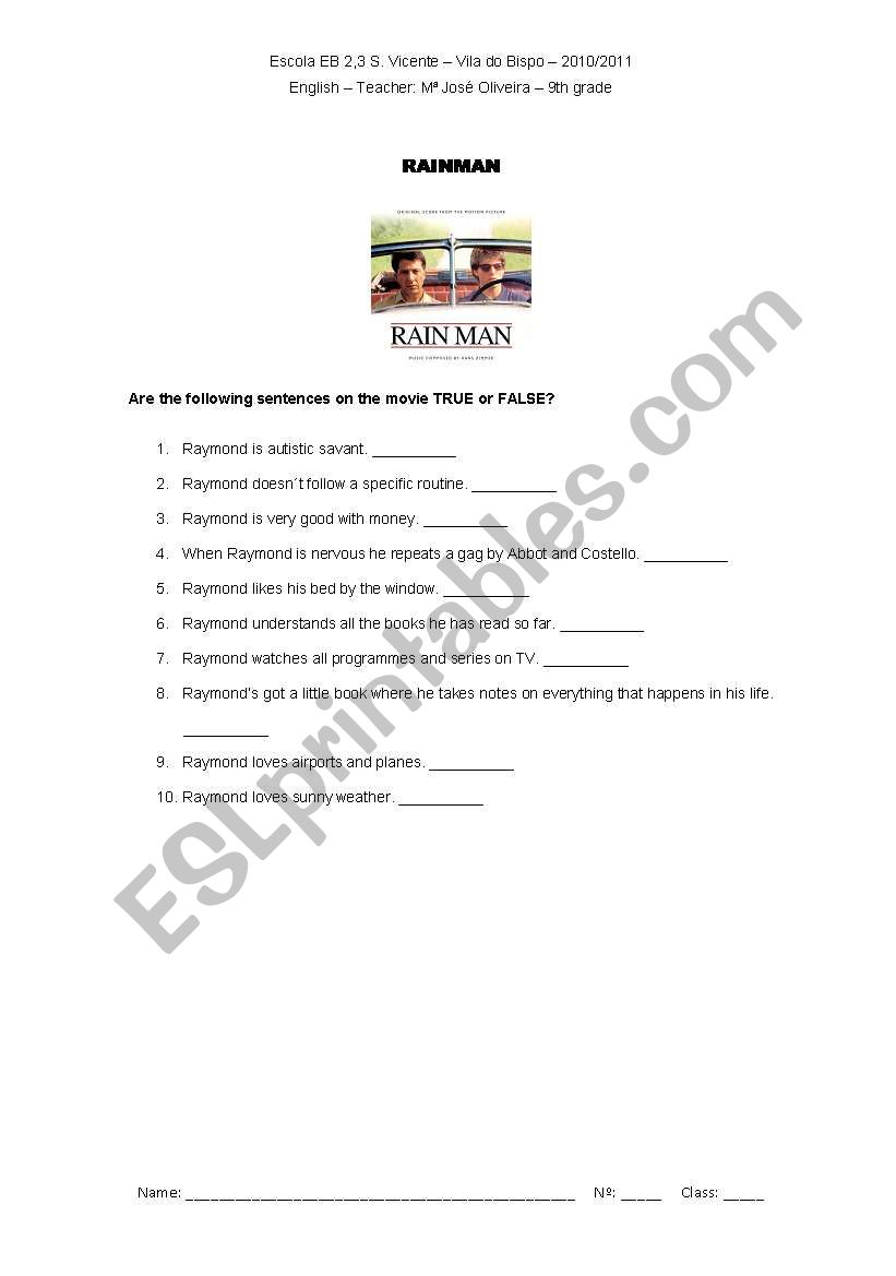 Rain Man - True or False  worksheet