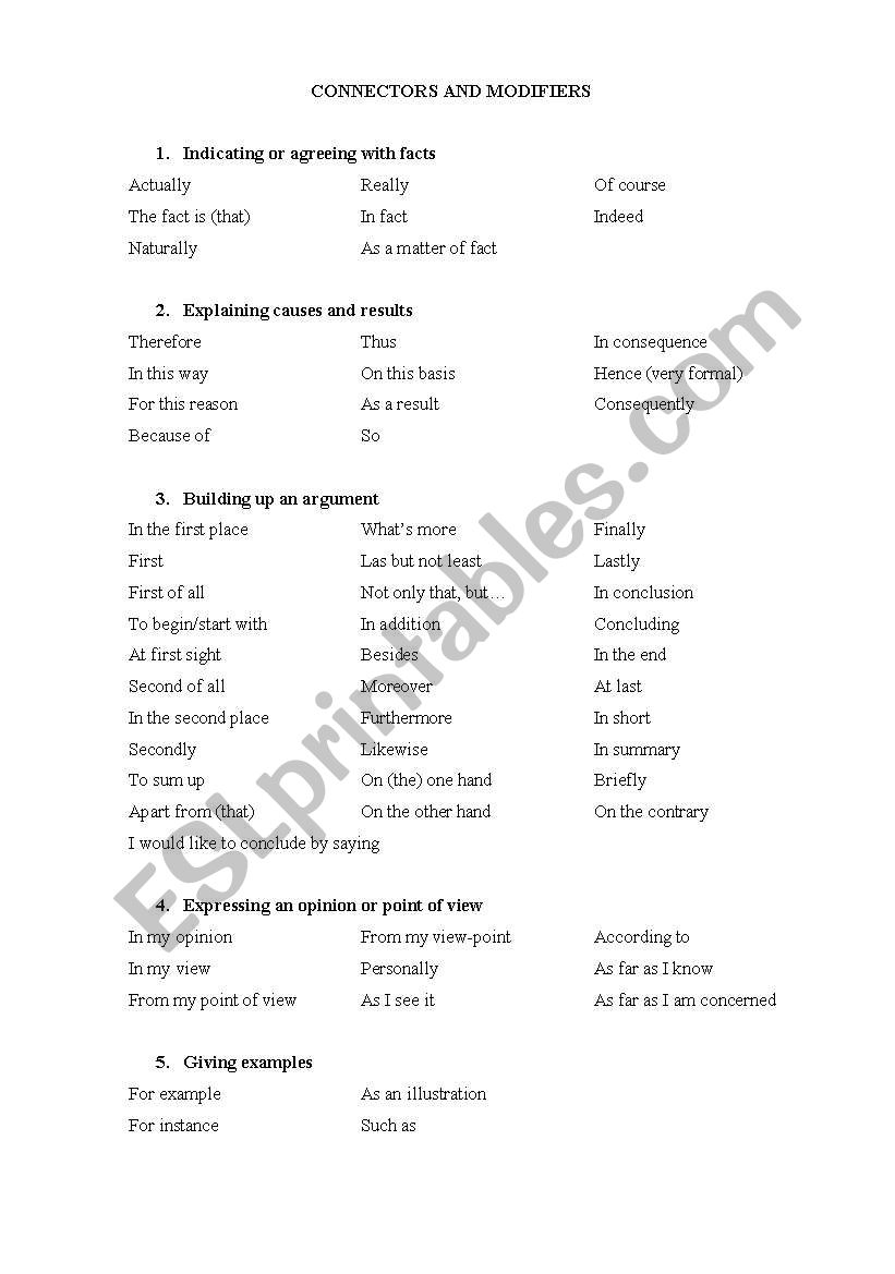 Connectors and Modifiers worksheet