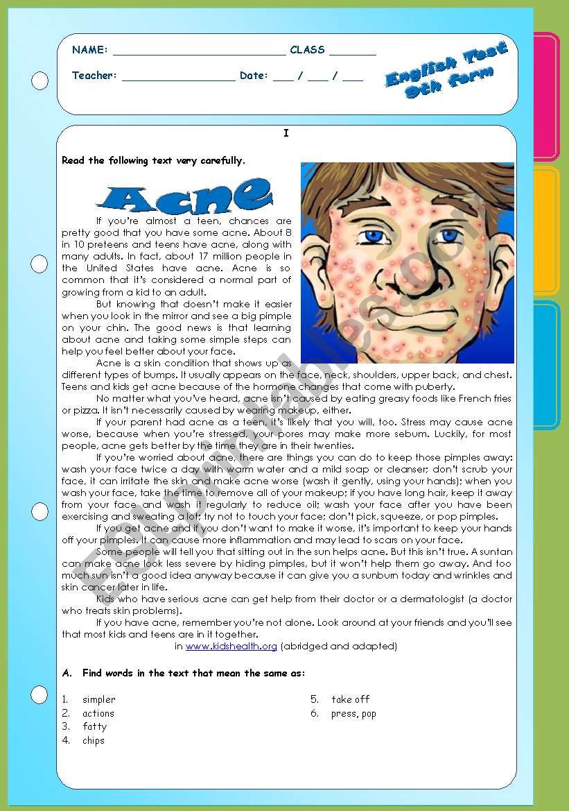 Test about acne worksheet