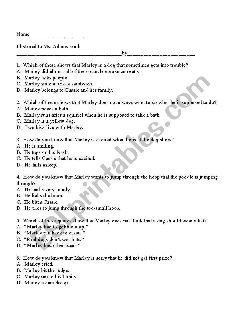 Marley Steals the Show:  Quiz worksheet