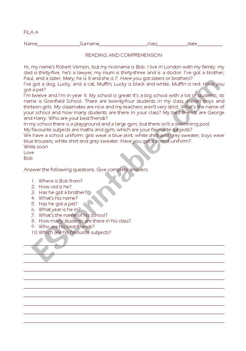 reading and comprehension worksheet