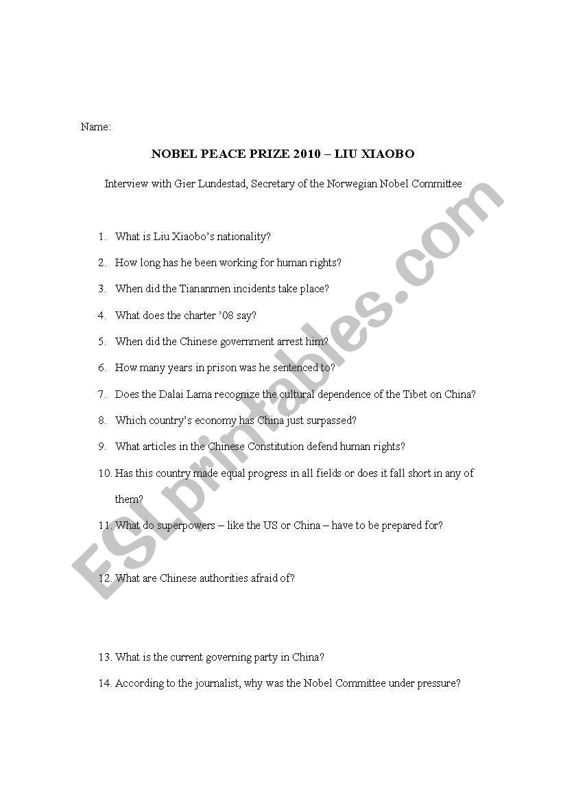 Nobel Peace Prize 2010 worksheet