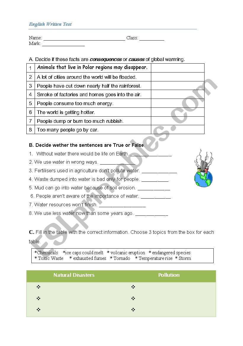 Environment test worksheet