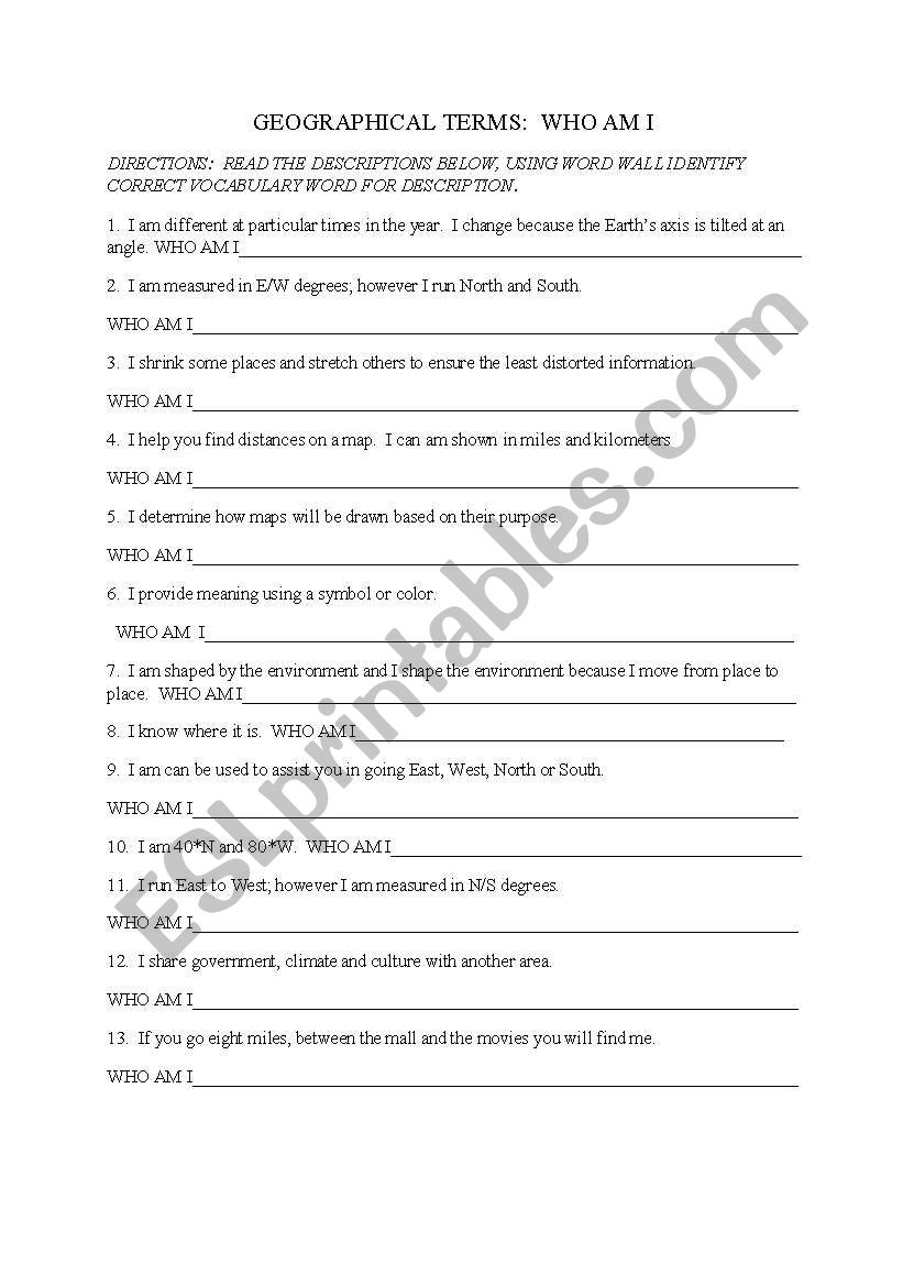 Geographical Terms Who Am I--Vocabulary 