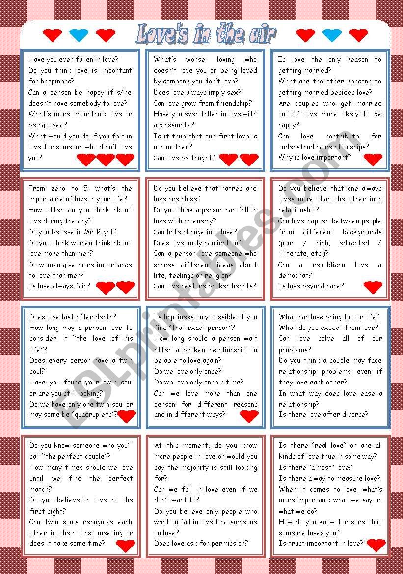 LoveÂ´s in the air: conversation cards ***editable