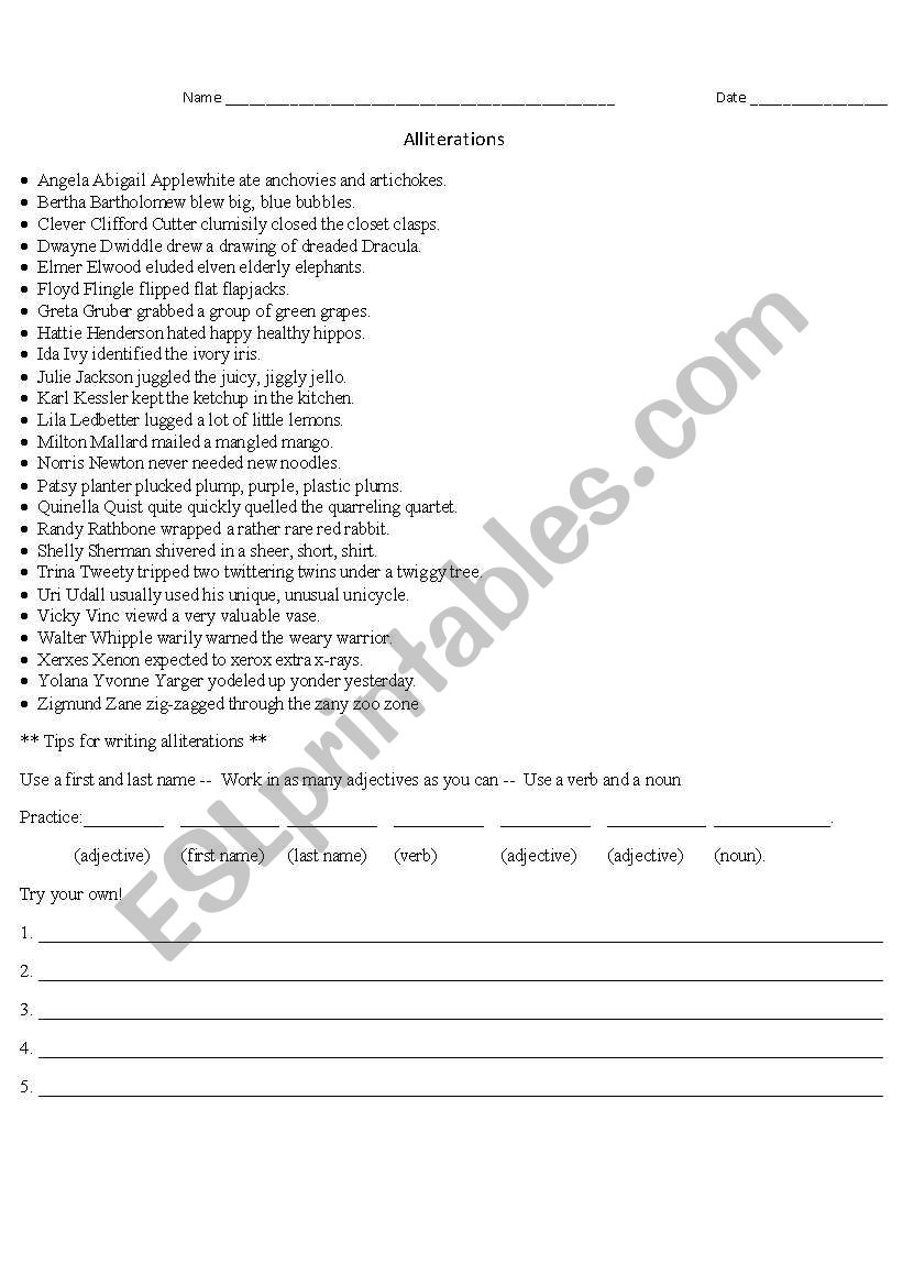 Alliteration worksheet