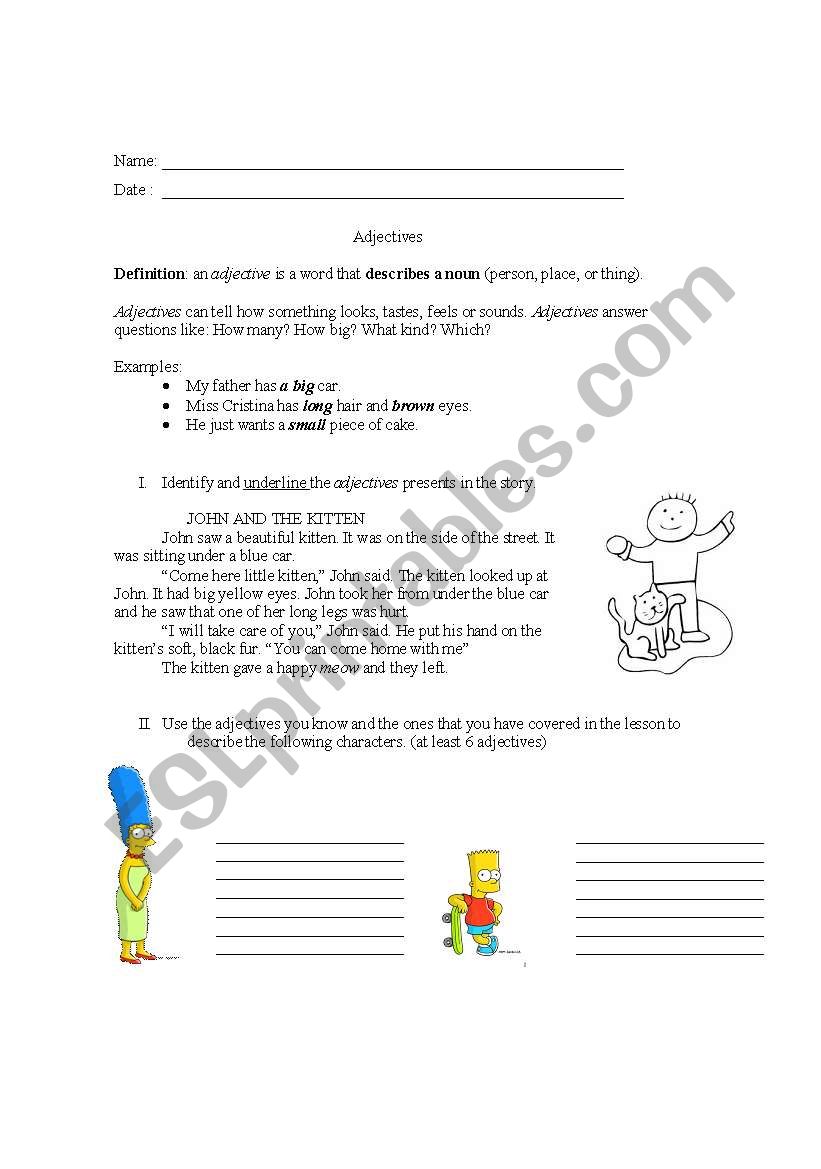 Adjectives Handout worksheet