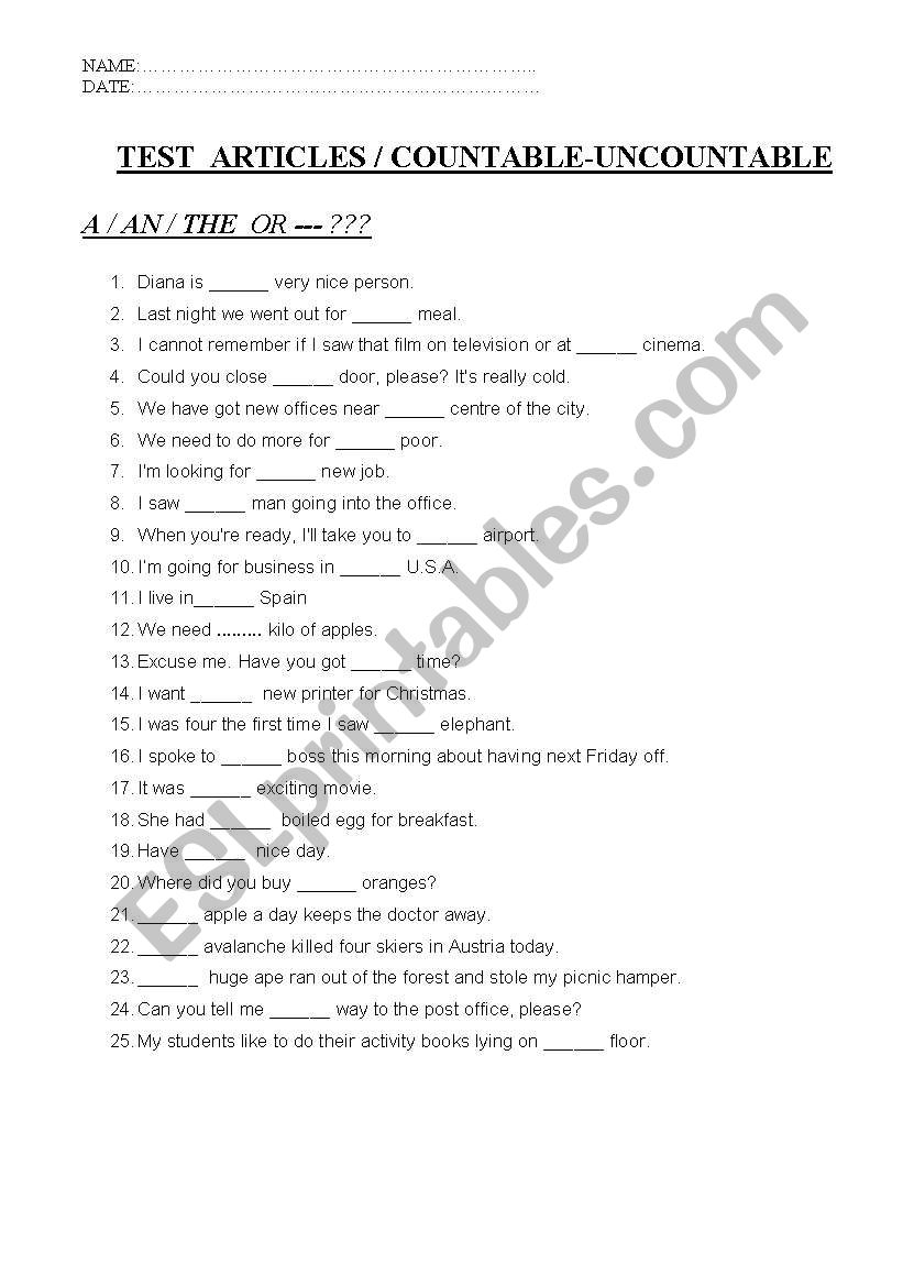 test articles countable-uncountable