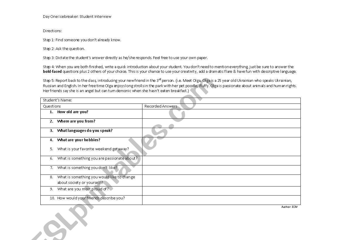 R/L/S New Student Interview  worksheet
