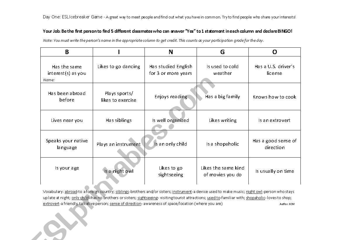 New Student Icebreaker: Bingo worksheet