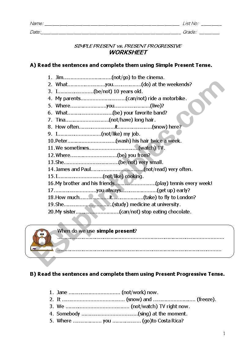 PRESENT TENSES WORKSHEET worksheet