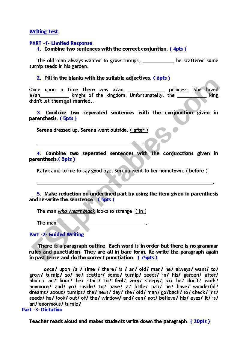 Testing Writing - Exam Paper ( Limited response - Guided Writing - Dictation - Free writing ) 