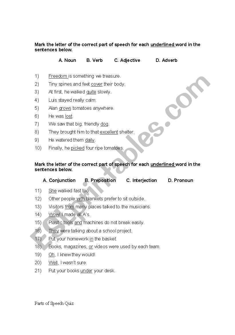 Parts of speech worksheet