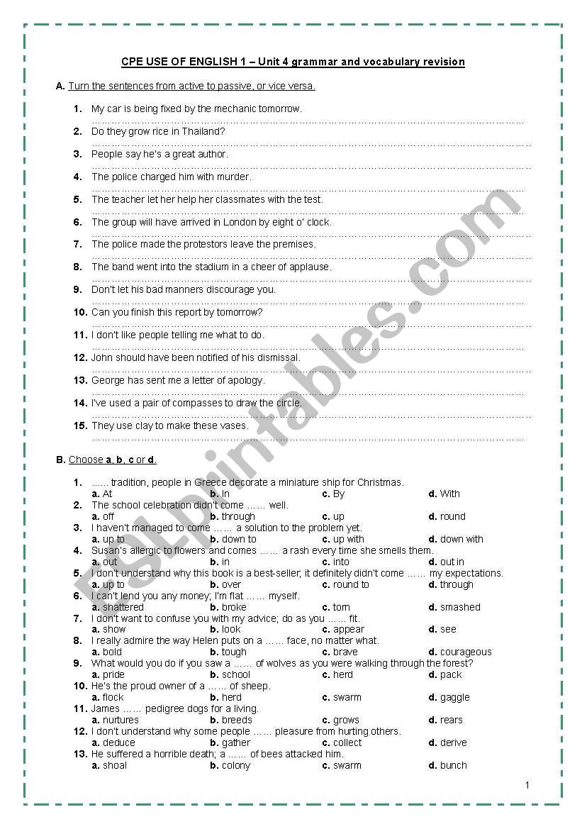 CPE USE OF ENGLISH 1 - Unit 4 grammar (PASSIVE VOICE)& vocabulary revision (idioms, phrasal verbs, collocations, derivatives, words with multiple meanings, similes, words often confused)+ TEACHERS KEY * FULLY EDITABLE*