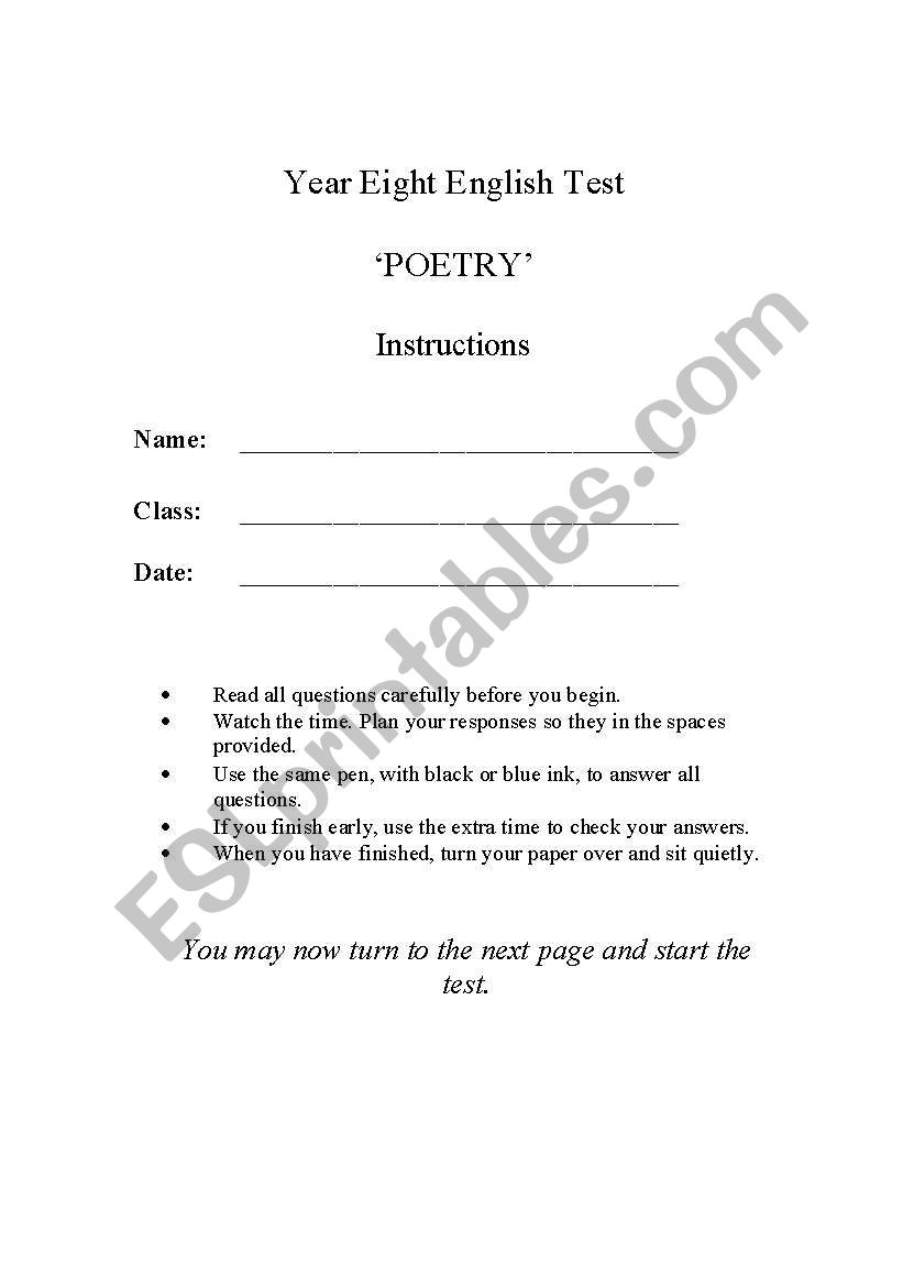 english-worksheets-year-8-poetry-test