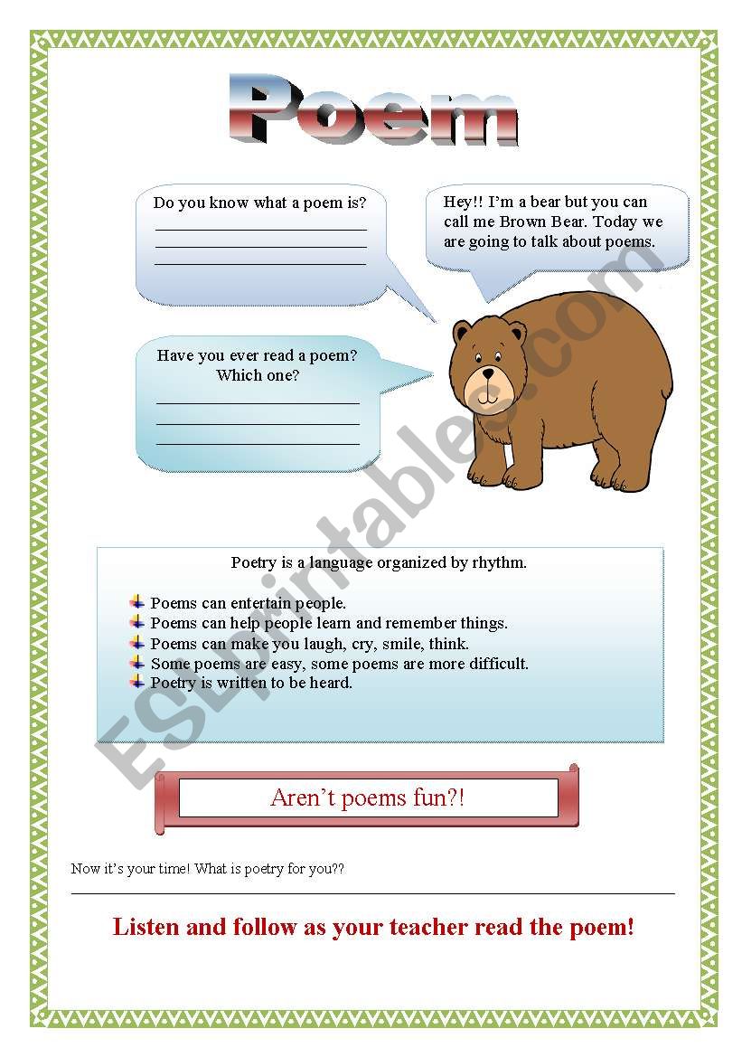 Brown Bear Poem Activity (part 1/2) - 3 pages