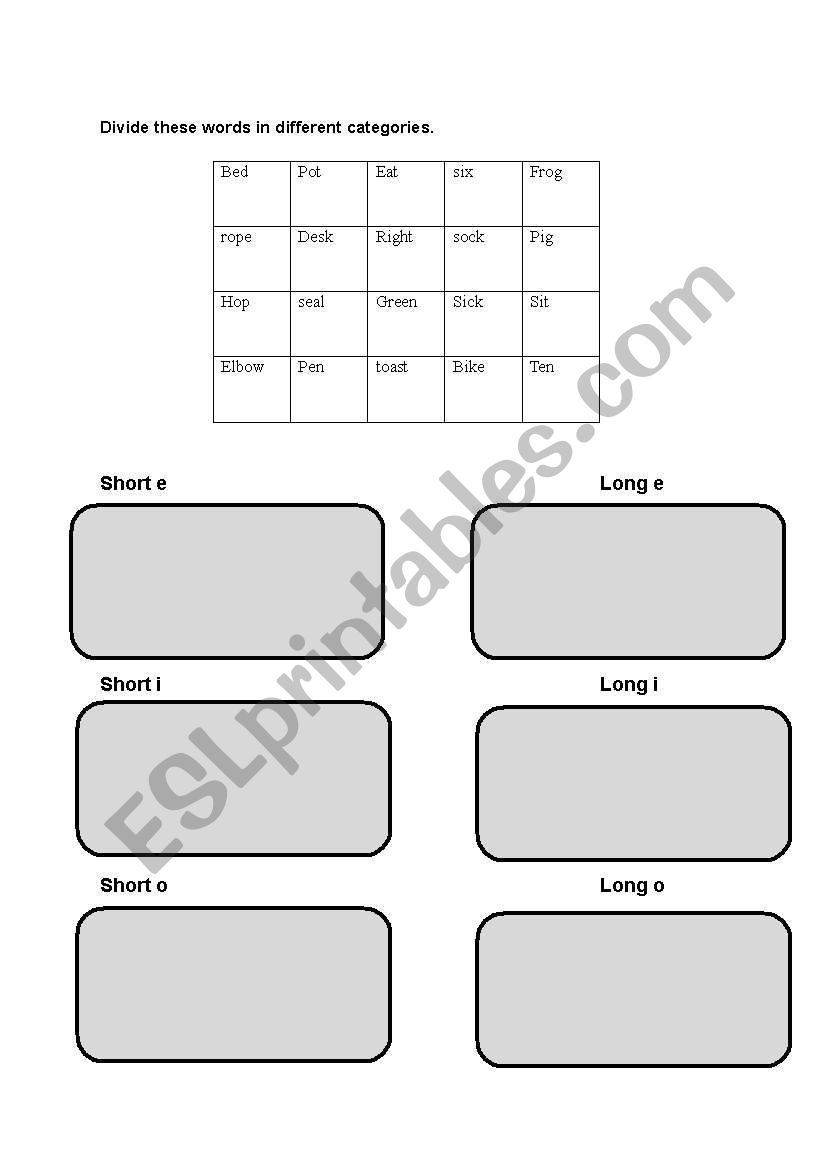 Categorizing worksheet