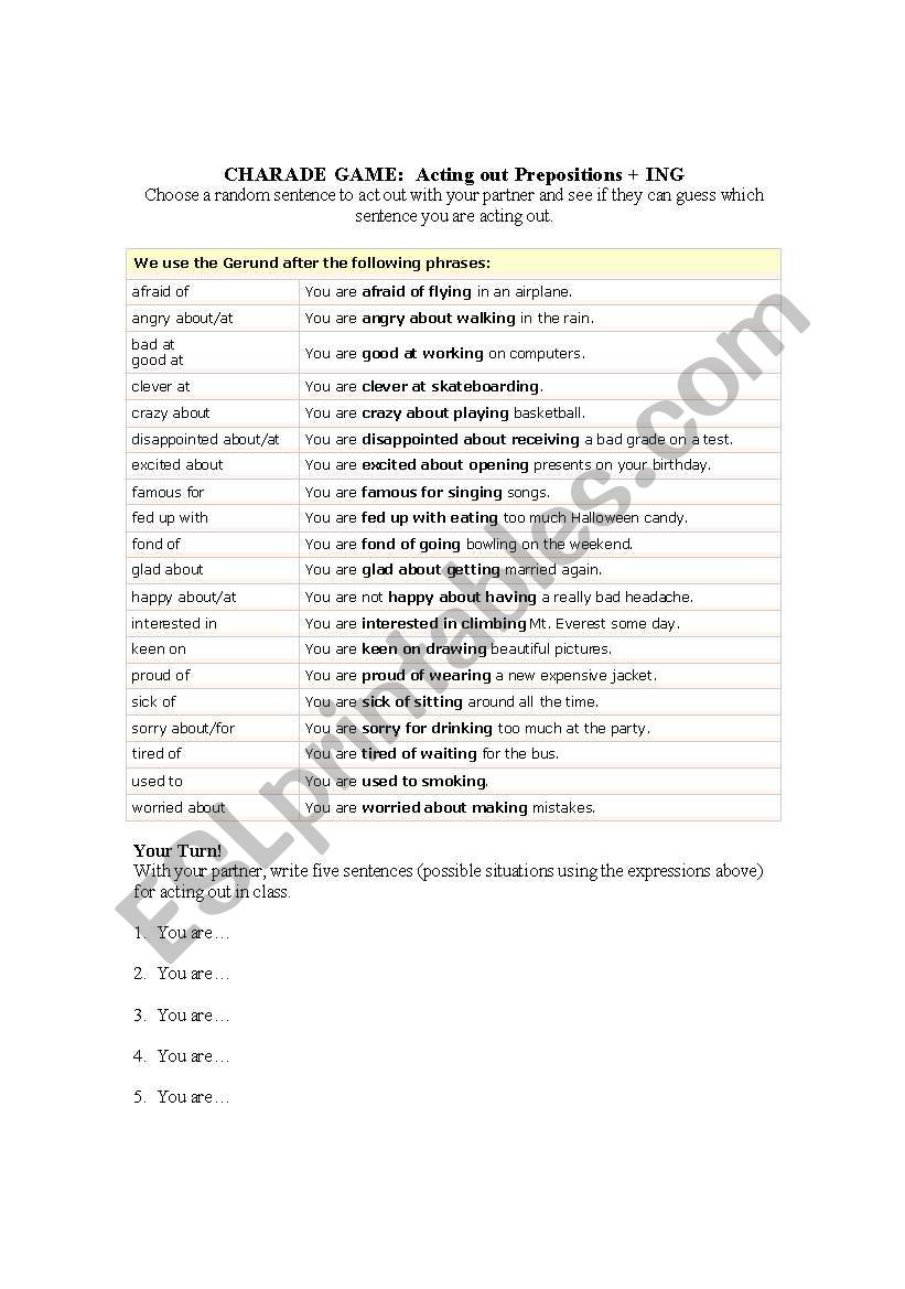 Charade Game:  Acting Out Prepositional Gerunds