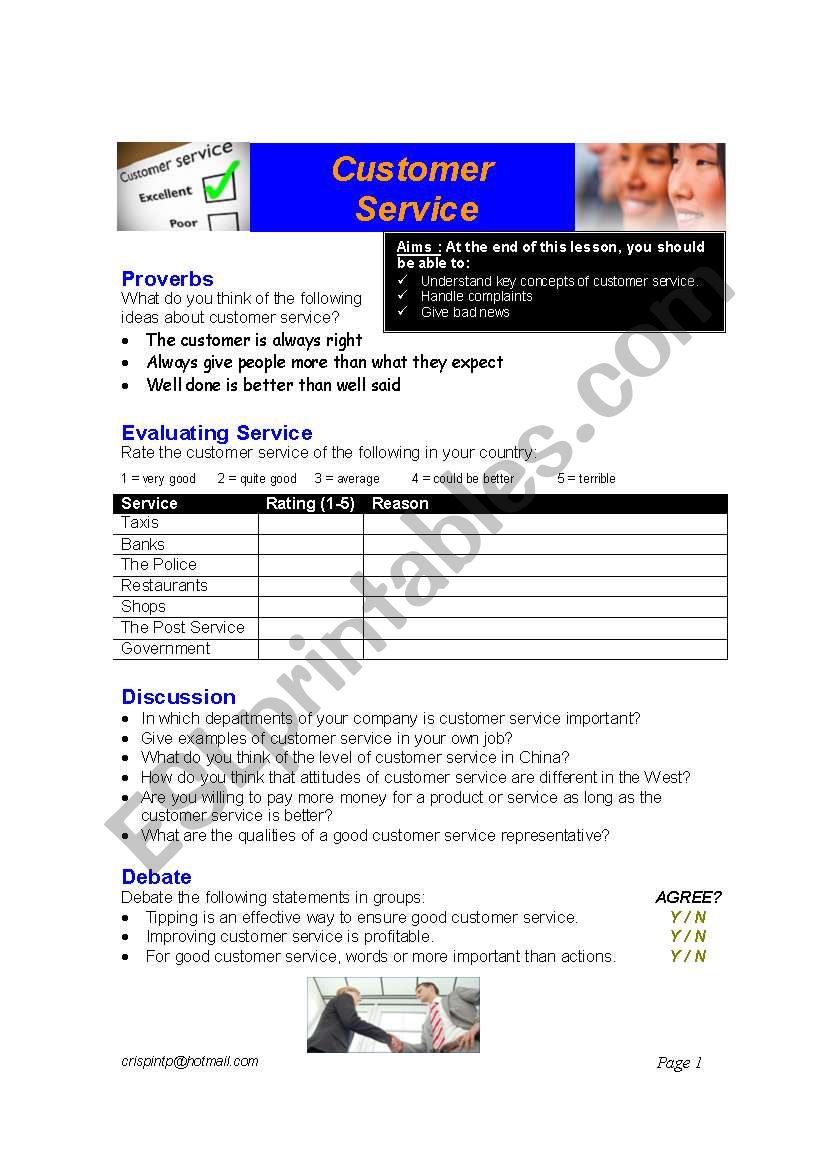Customer Service worksheet