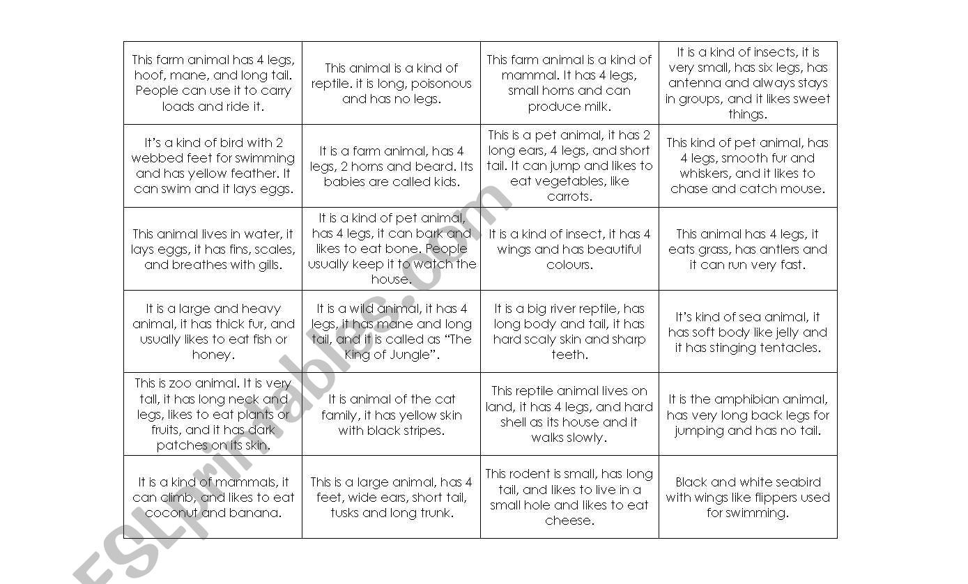 description cards of animals worksheet