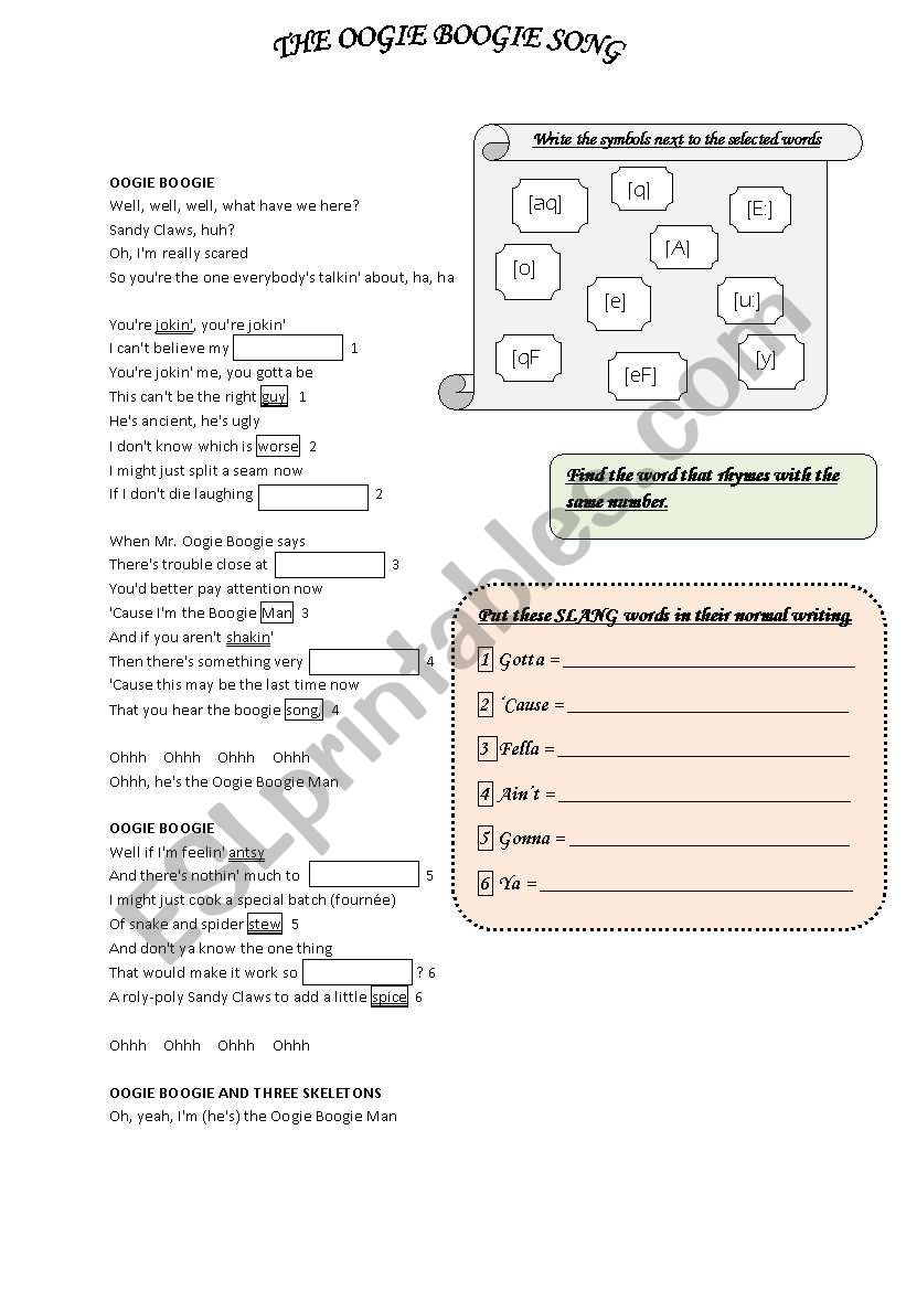 Oogie Boogie song worksheet