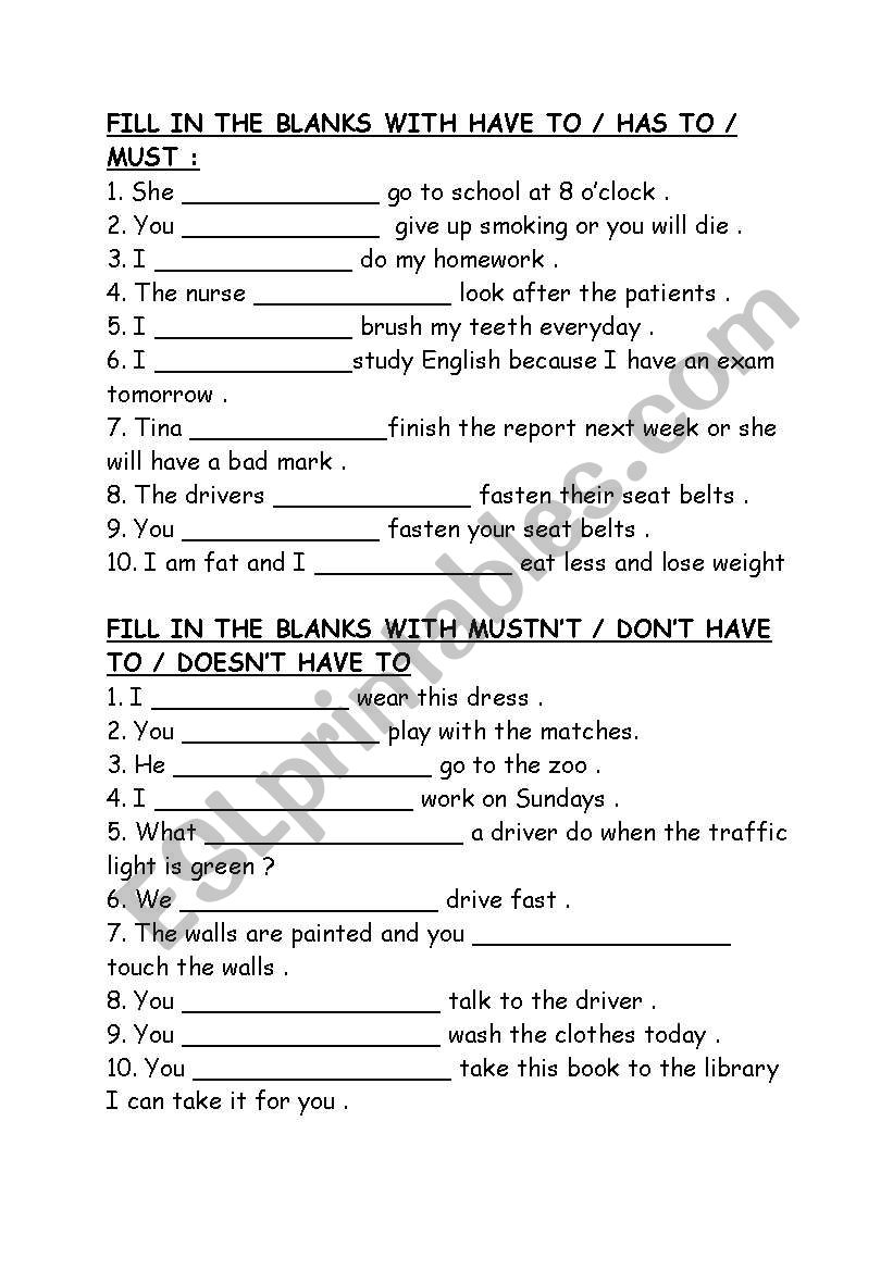 must - have to -has to worksheet