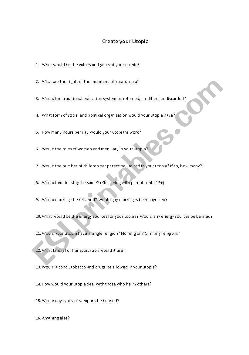 Create your Utopia  worksheet