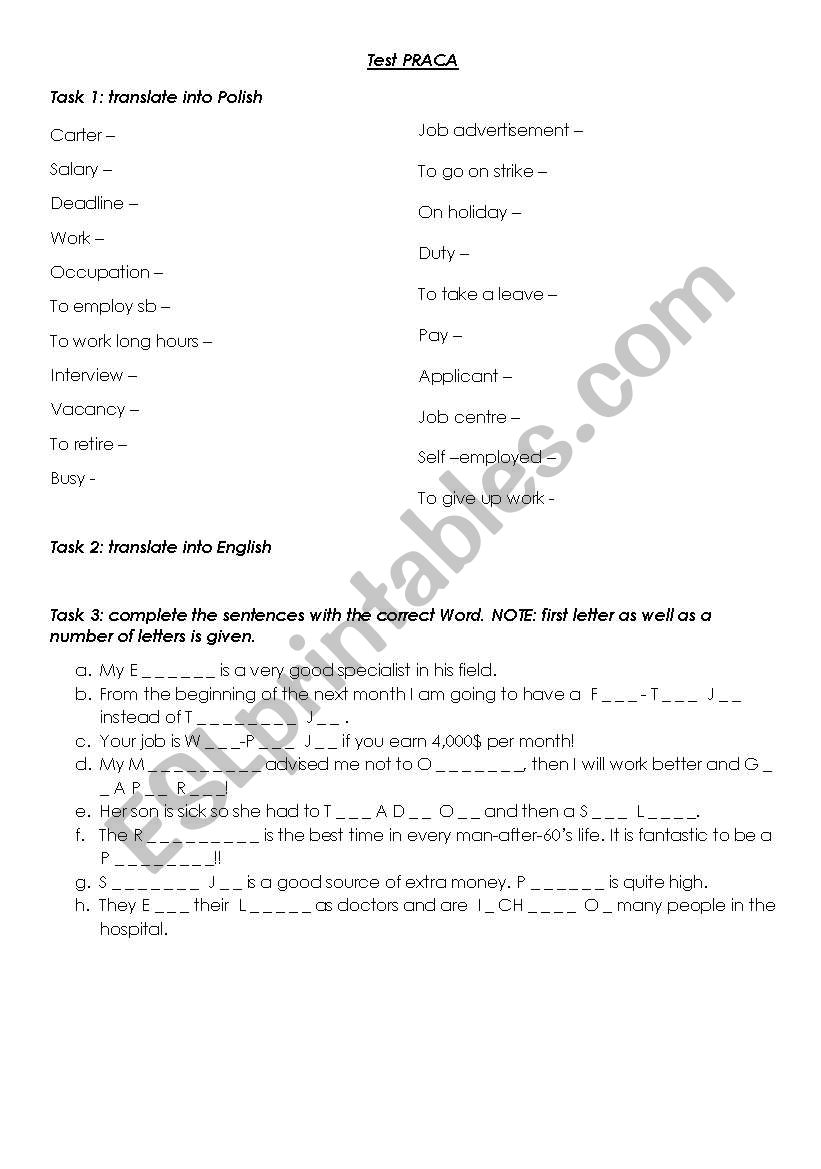 Test Work worksheet