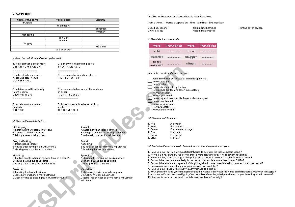 Crimes and punishment worksheet