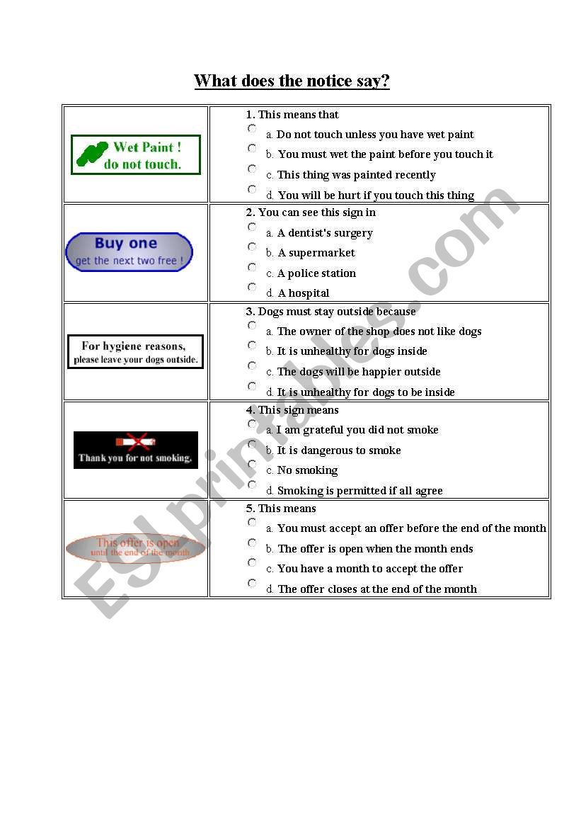 What does the notice say? II worksheet