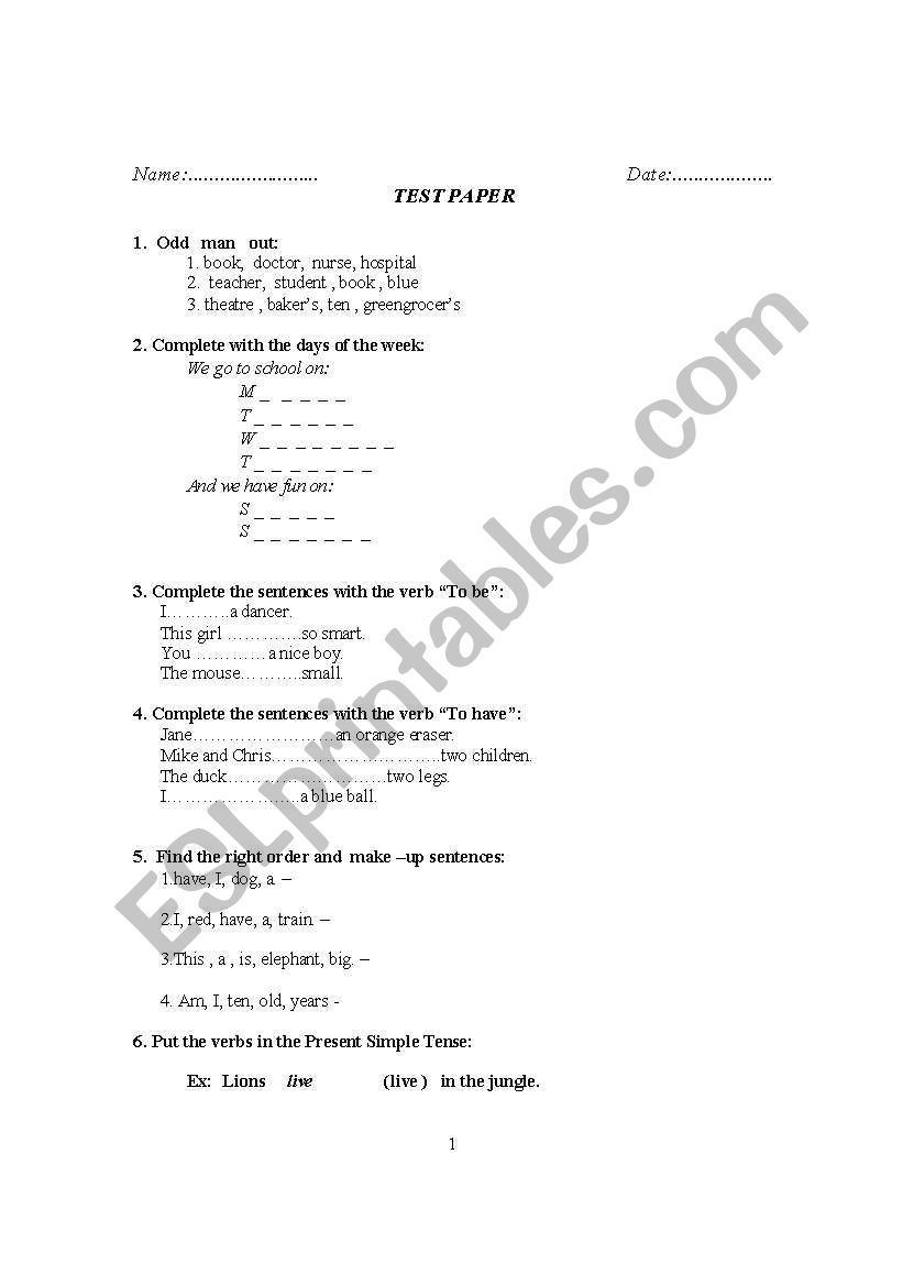 Test Paper worksheet