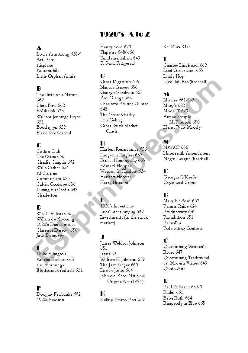 1920s A to Z worksheet