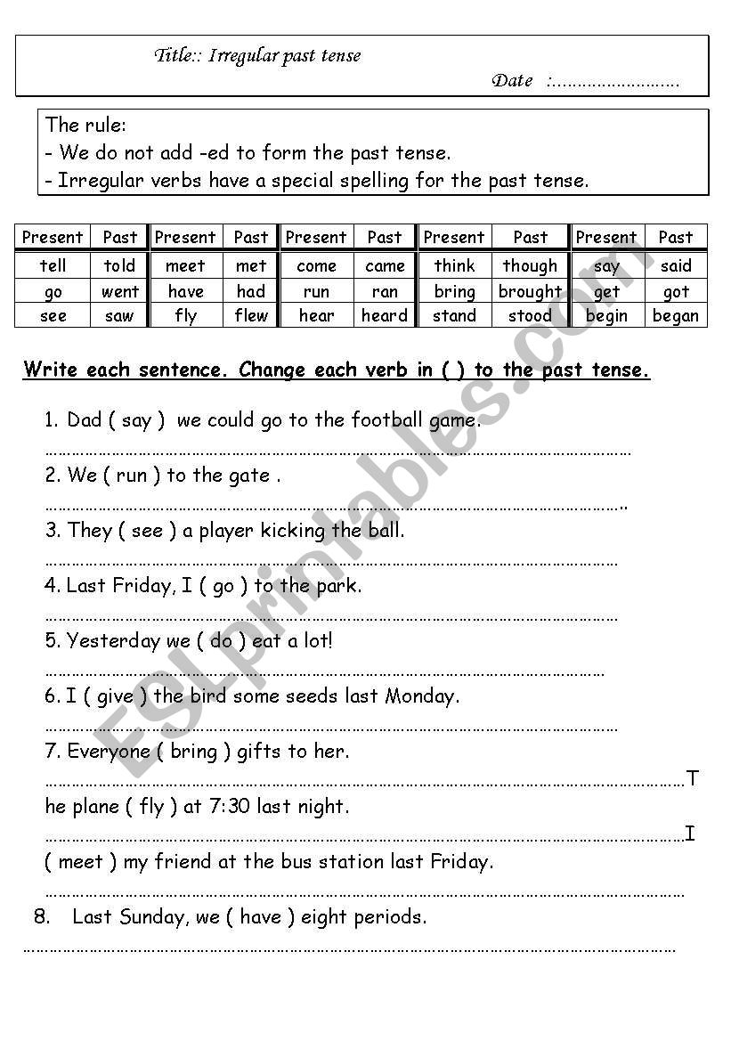 Irregular past tens verbs worksheet