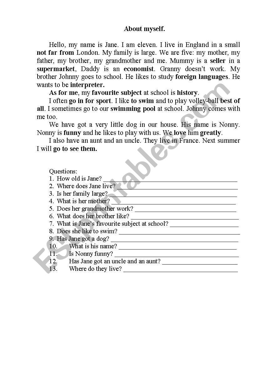 About myself worksheet