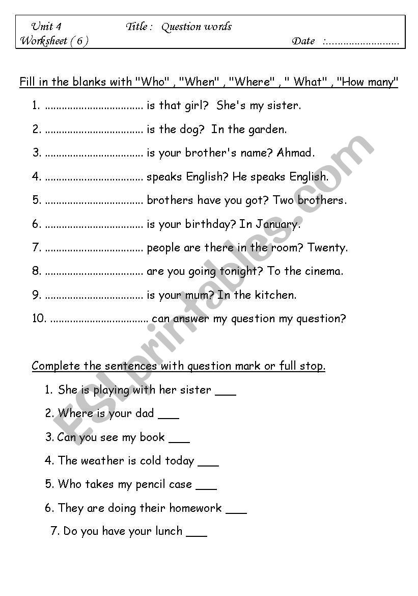 Question Words worksheet