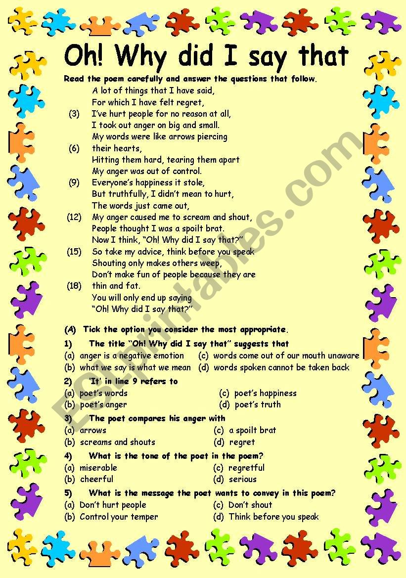 Reading Comprehension-2 Oh! Why did I say that.. (3 Pages + Key, Editable)