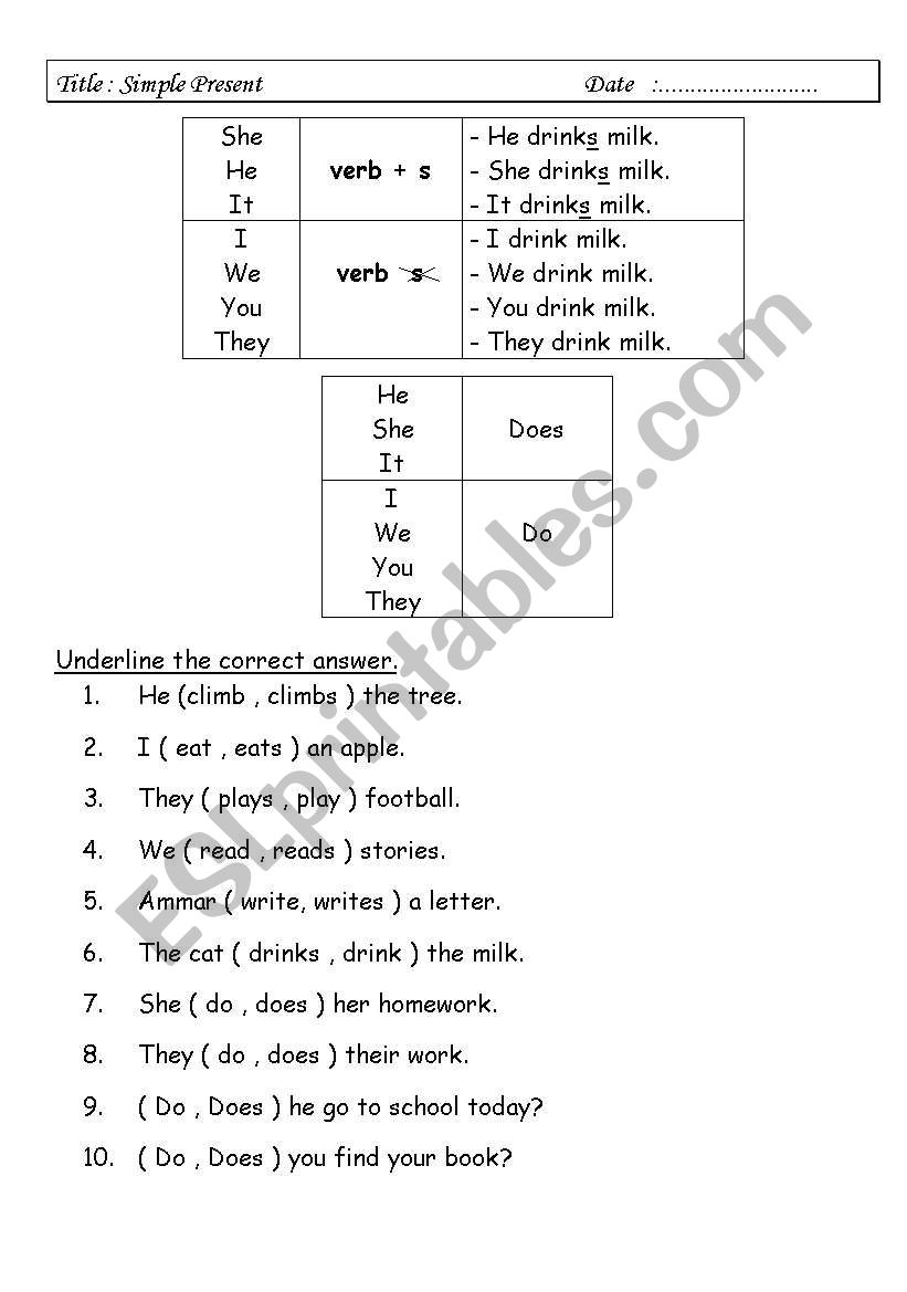 Simple present tense worksheet