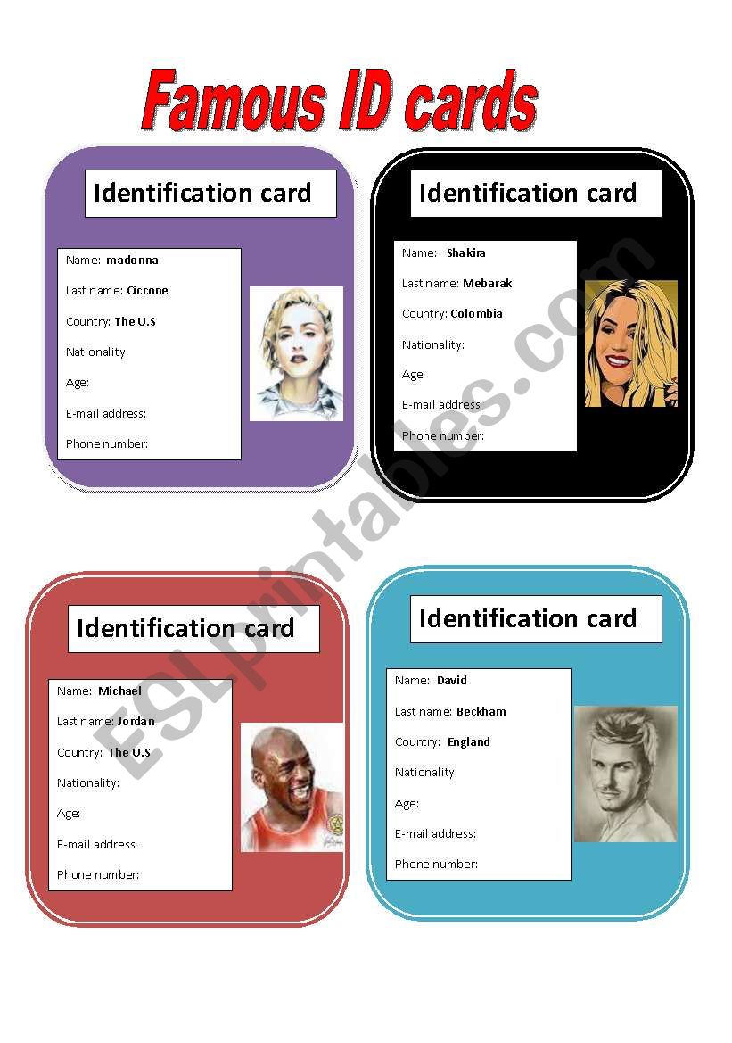Famous Id cards worksheet