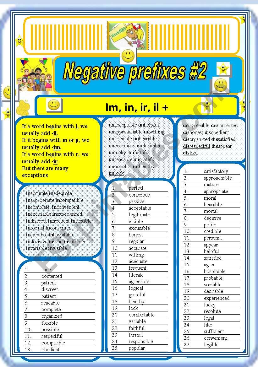 Negative prefixes step 2 il, ir, im, +