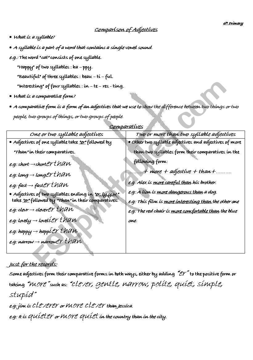 Comparison of adjectives worksheet